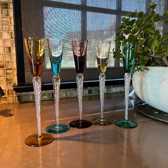 Stuart Lot 5 Long Stem Cordial Flute IONA AIR TRAP SPIRAL TWIST Colorful Crystal - Picture 7 of 16